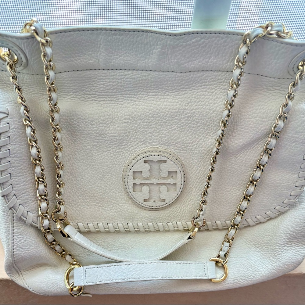 Tory Burch Marion Cream Leather Shoulder Bag with Gold Chain